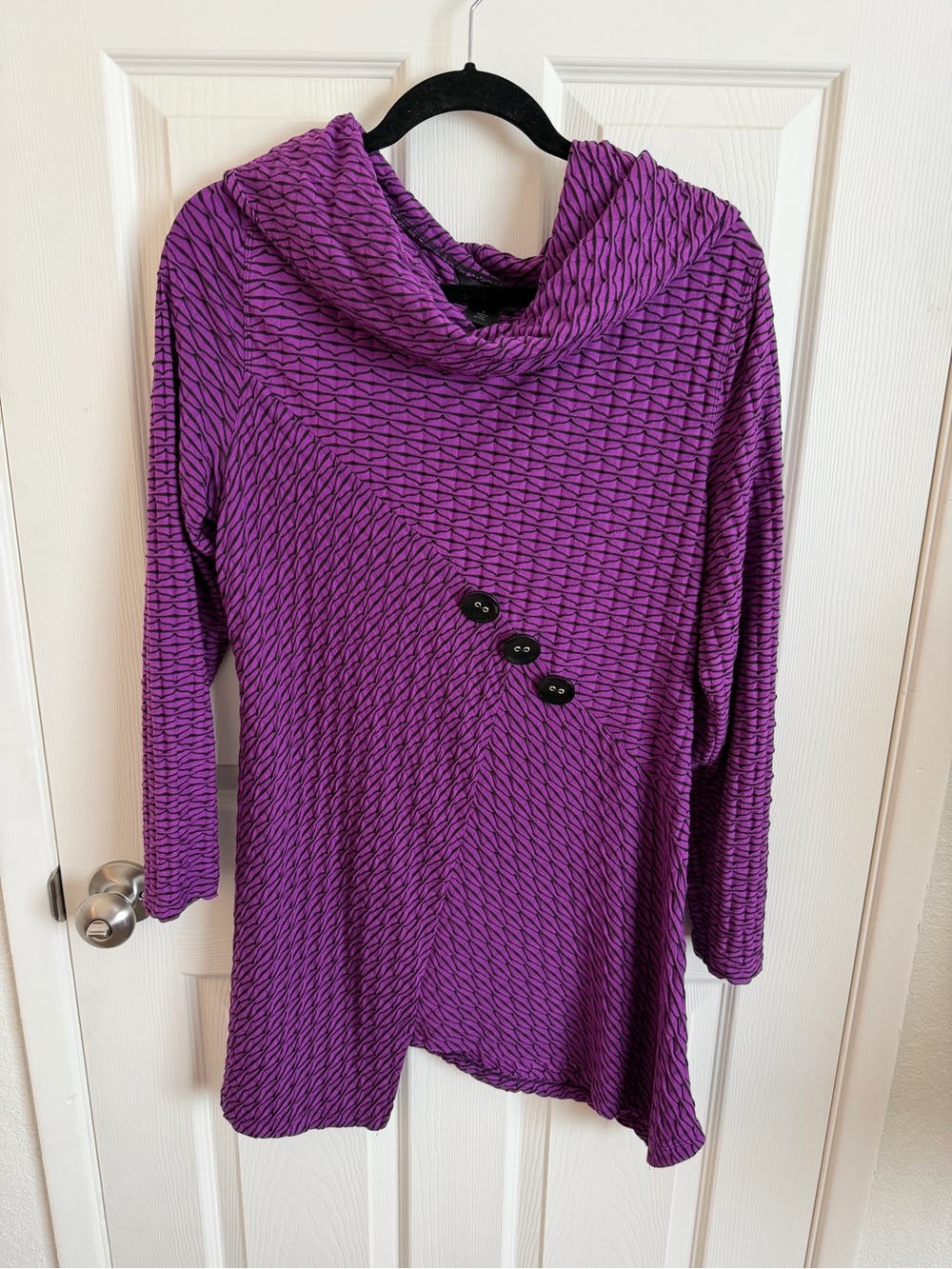 Ali Miles Purple Textured Cowl Neck Sweater with Button Detail Asymmetric size L